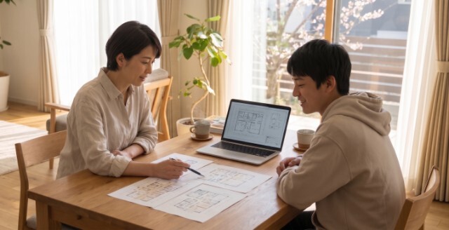はじめての一人暮らしの準備について真剣に話し合っている親子